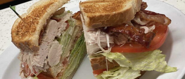 Turkey club sandwich with fries